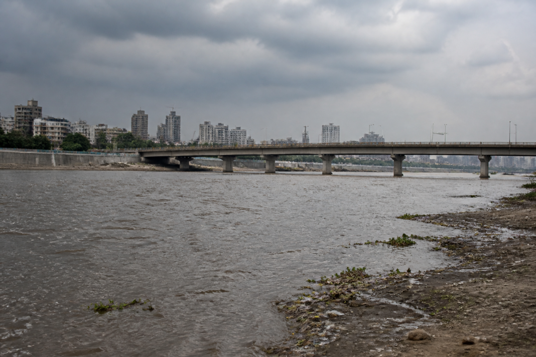 Yamuna pollution visible in Delhi with murky water near a bridge during monsoon