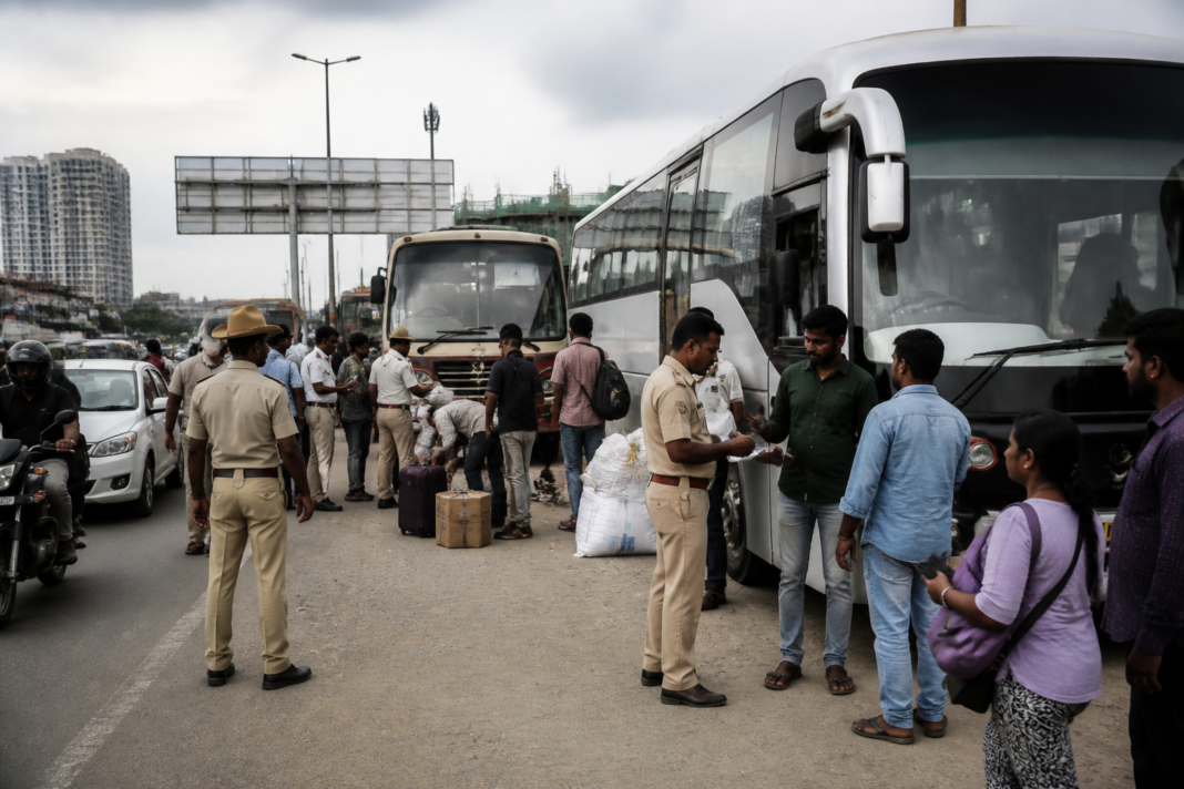 Karnataka private bus fares being checked during an RTO inspection near Bengaluru