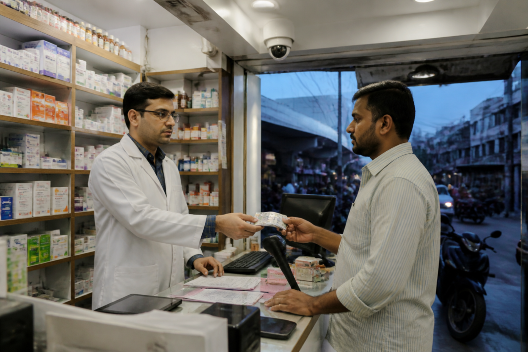 Prescription medicine sales at a neighbourhood medical store in Hyderabad