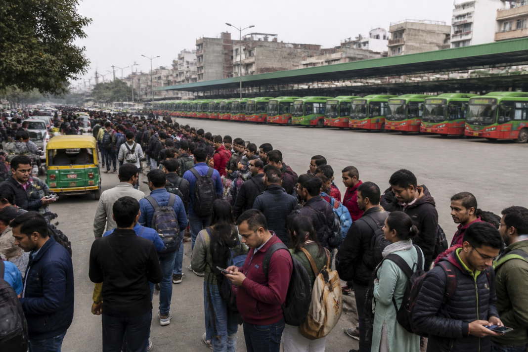 DTC strike leaves Delhi bus stops crowded as commuters wait for public transport.