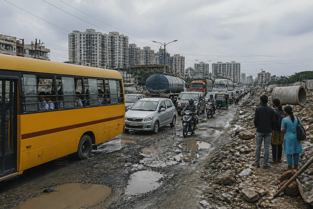 Bengaluru traffic congestion near the Varthur-Gunjur school corridor with buses and commuters on a damaged road
