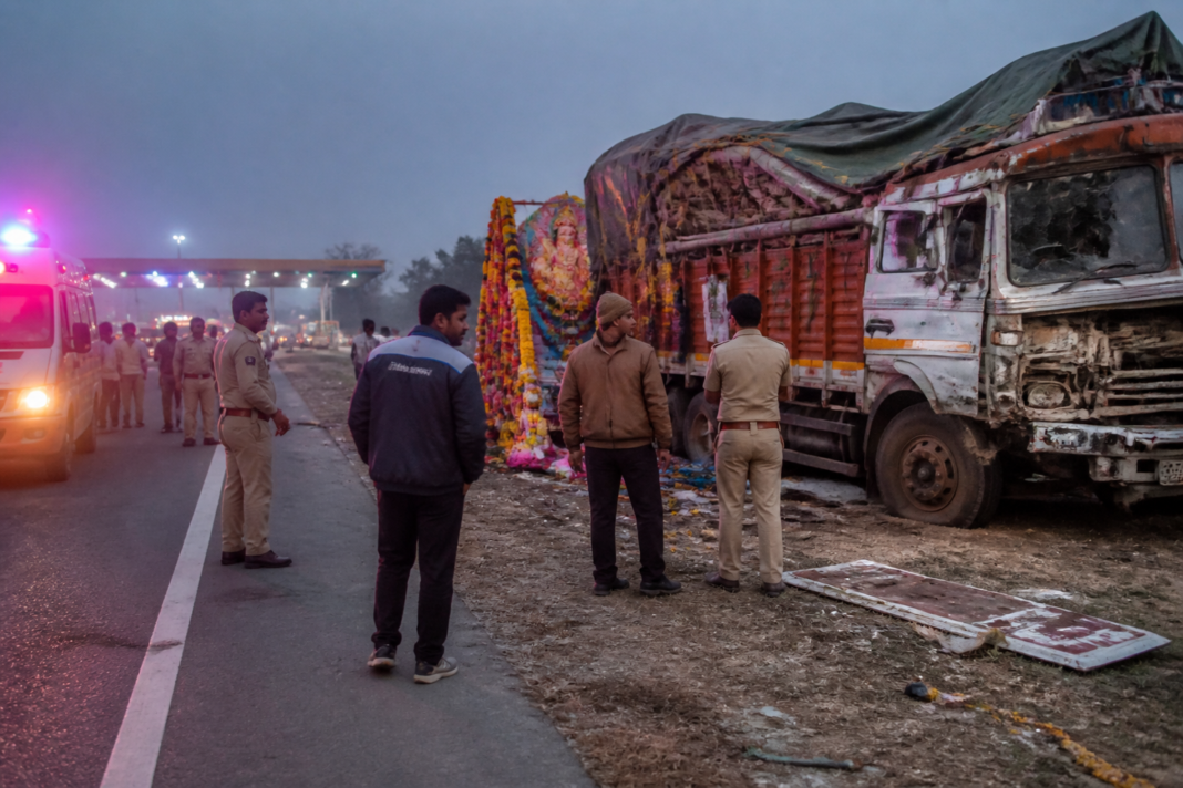 NH-75 accident scene near Nayakaneri involving a truck and a roadside procession