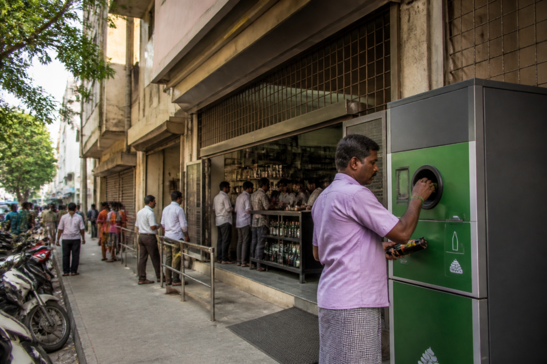 TASMAC bar tenders and a liquor shop exterior in Tamil Nadu