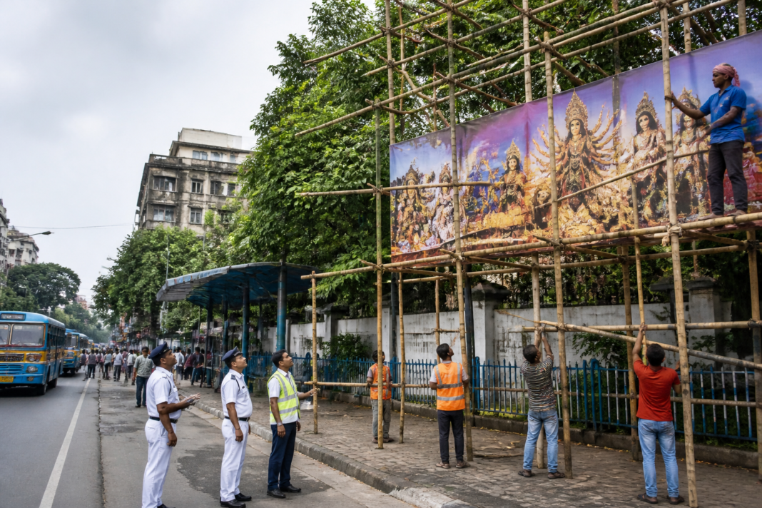 Kolkata Puja hoardings beside a city road under new KMC safety rules