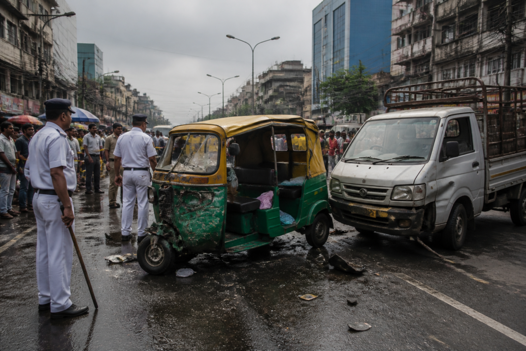 Kolkata road accident scene on NSC Bose Road involving an auto and van near a busy market