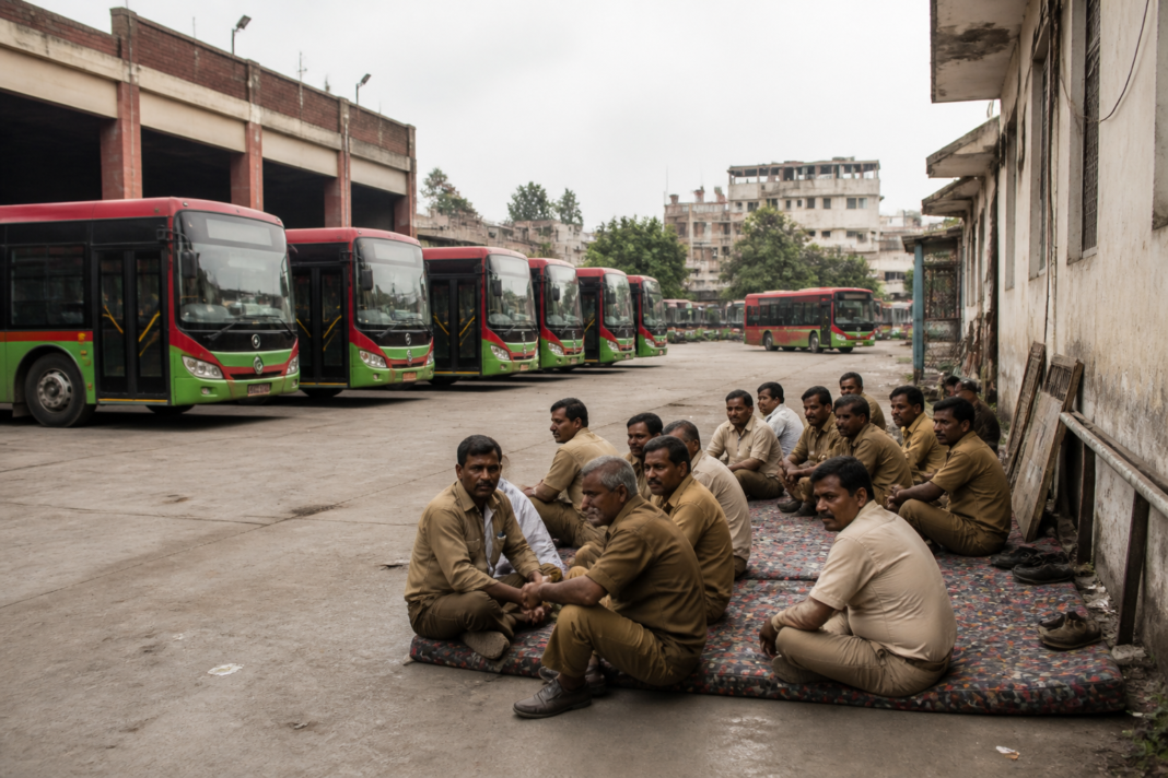 DTC drivers’ strike leaves Delhi buses parked at a city depot
