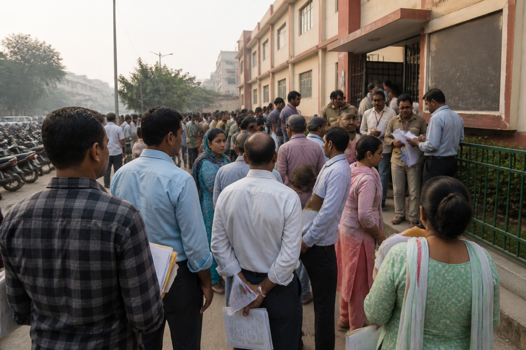 Delhi SIR hearings at a voter document verification centre with electors waiting outside