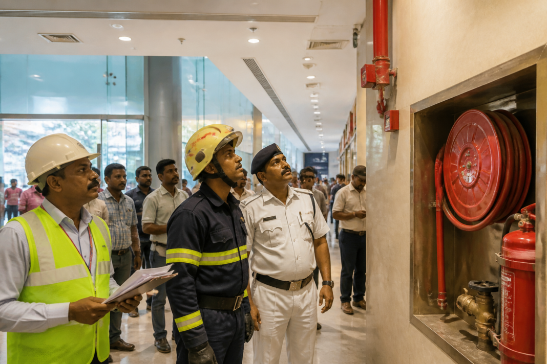 Kolkata fire audit at a shopping mall showing firefighters inspecting fire-safety equipment