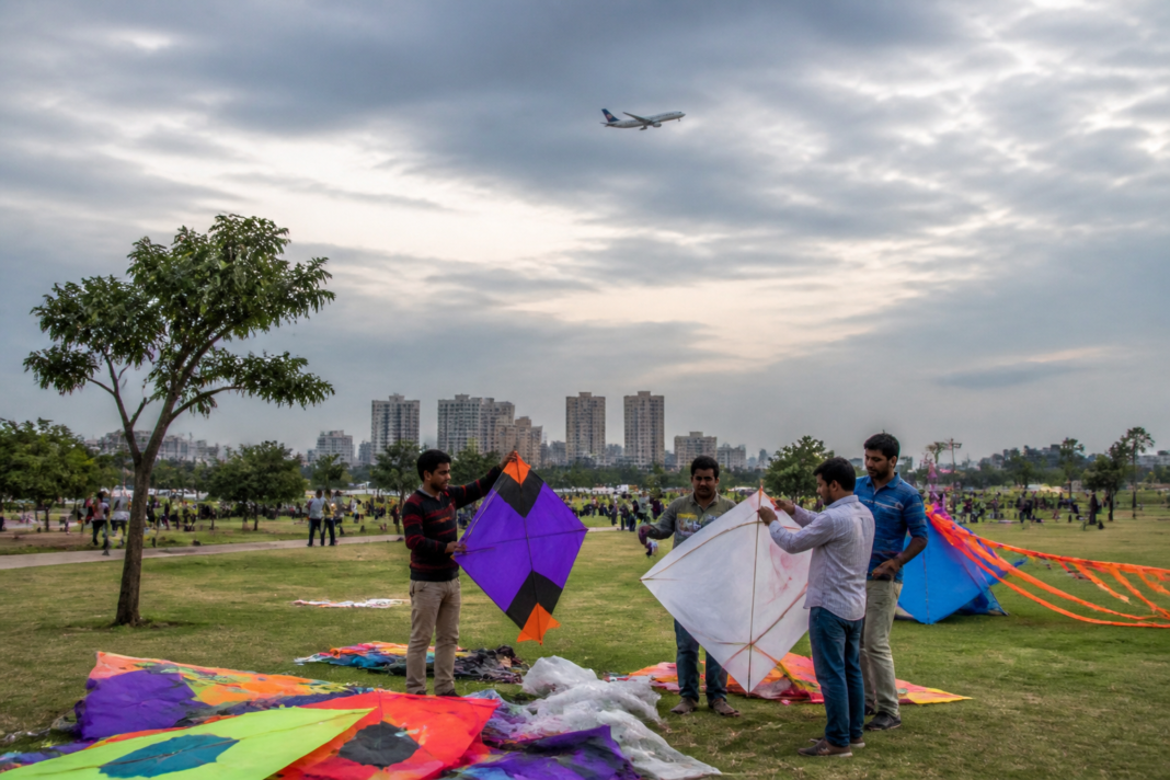 Kolkata kite festival near Eco Park with aircraft approach routes in the background