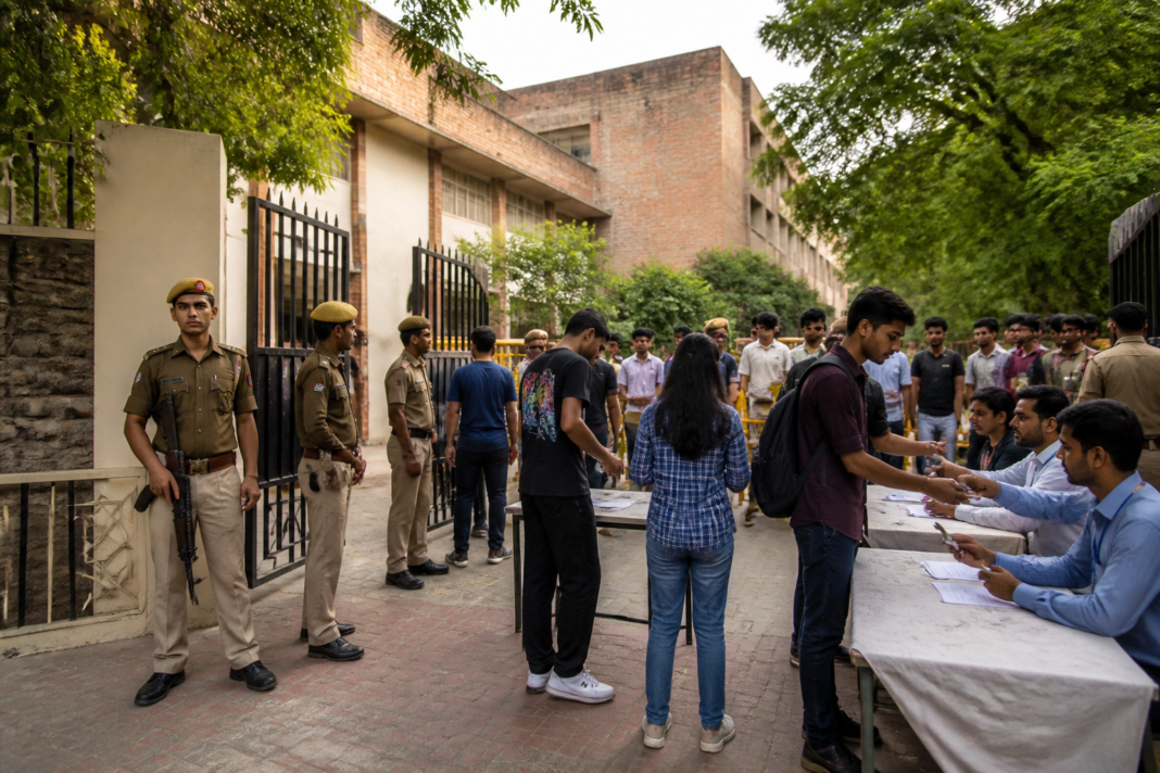 DUSU Election 2026 polling arrangements and security outside a Delhi University college