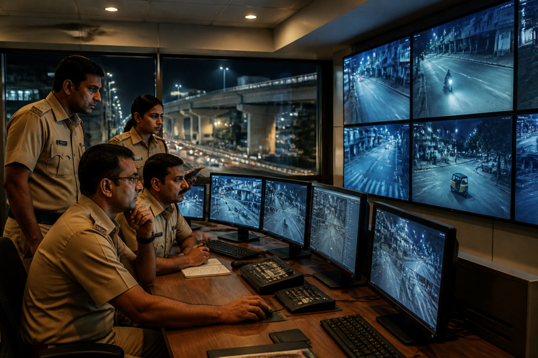 Delhi robbery case investigation with police reviewing CCTV footage in a city control room