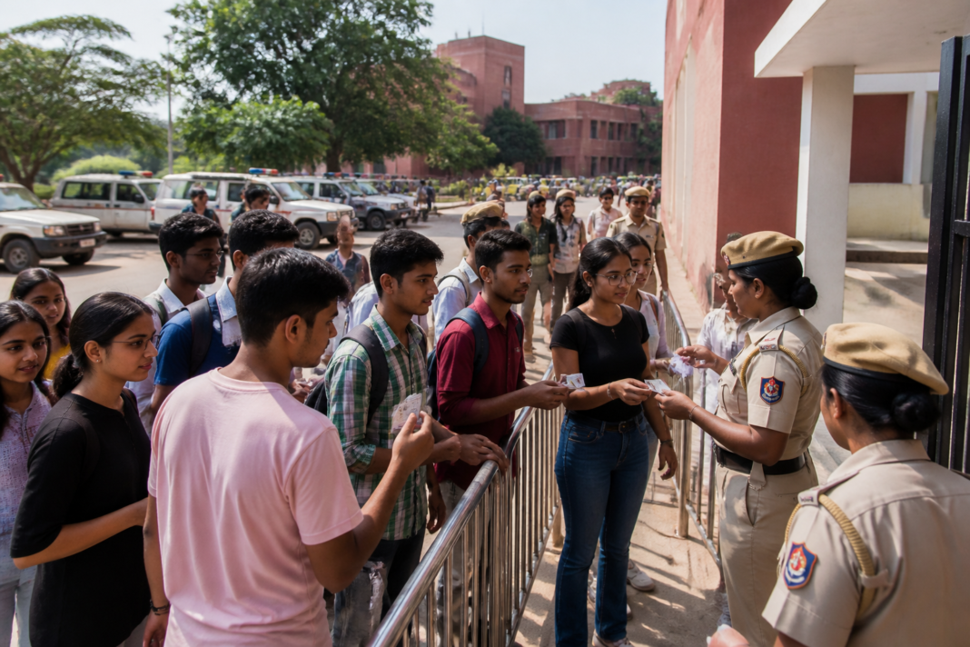 DUSU Election 2026 voting at a Delhi University college with students and security personnel