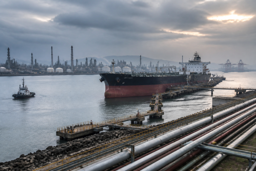 Indian refiners Russian crude supply risk represented by an oil tanker at an Indian port.