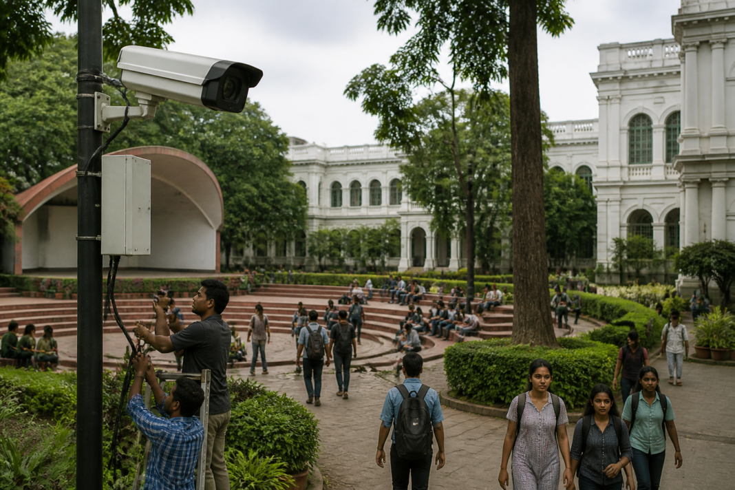 Jadavpur University CCTV cameras overlooking a campus walkway and open-air theatre