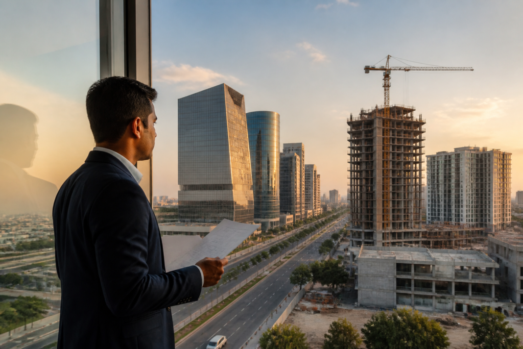 NRI investment in India shown through a modern financial district and Indian currency imagery