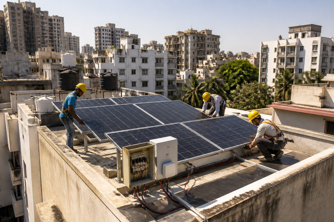 Rooftop solar panels on an urban Indian residential building with surrounding city towers.