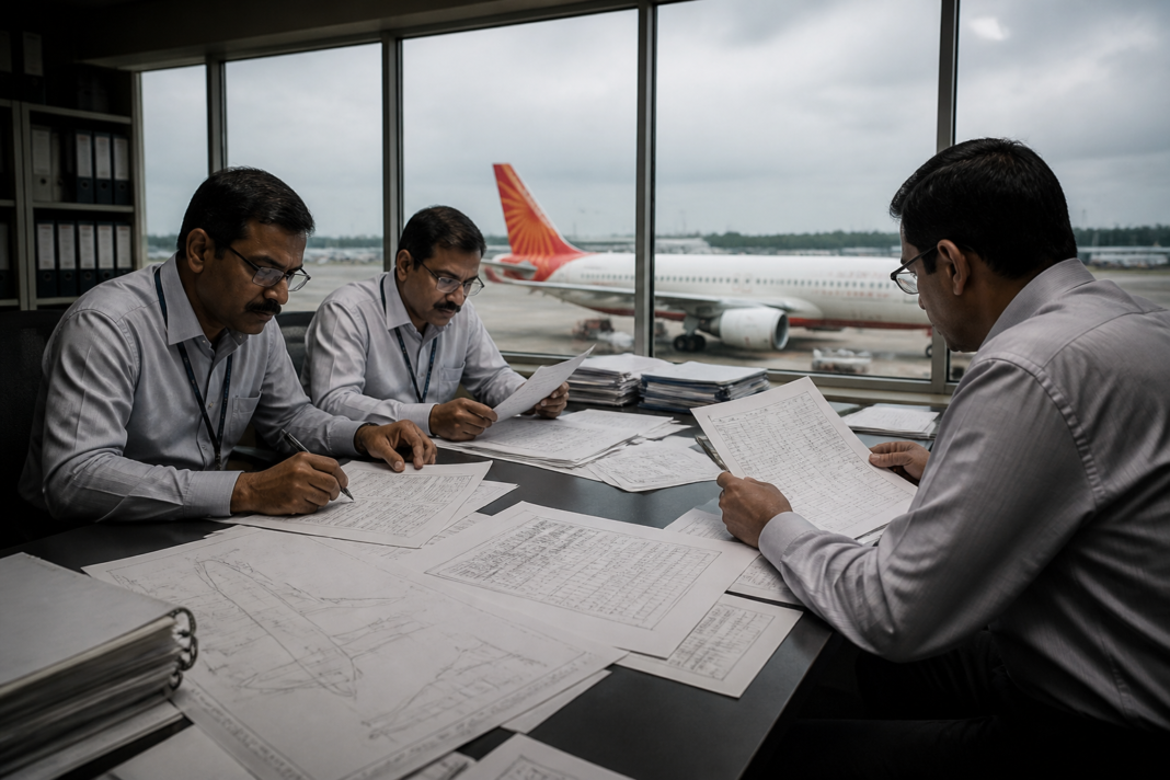 Air India AI-171 crash probe documents and aviation investigators reviewing aircraft safety records