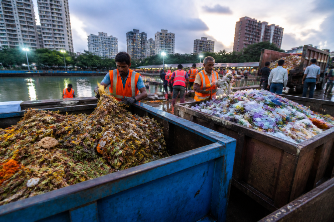 Thane nirmalya collection at a municipal Ganesh immersion facility