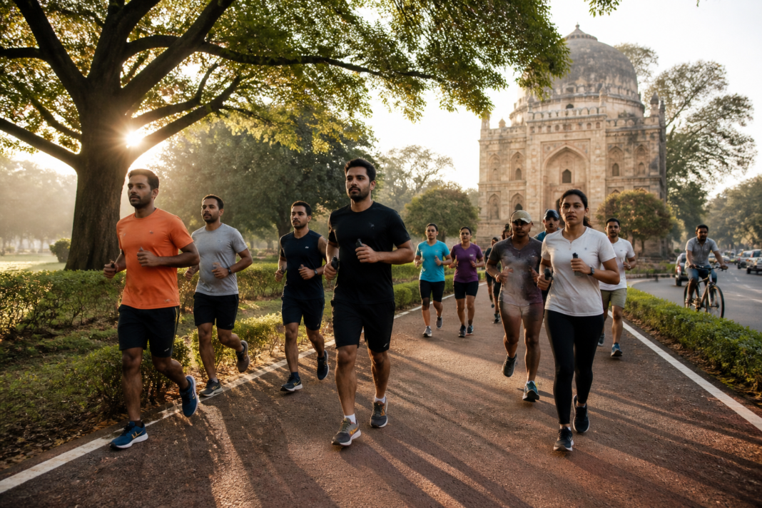Delhi run clubs jogging through a green public park at dawn