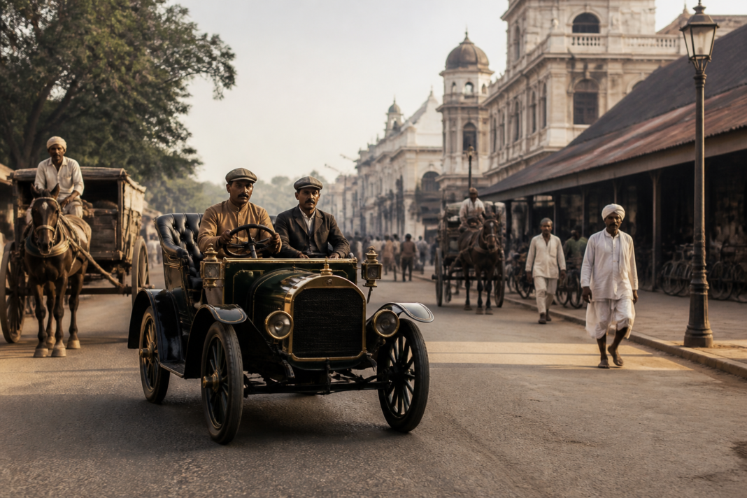 Bengaluru automobile history shown through an early car on a historic city street
