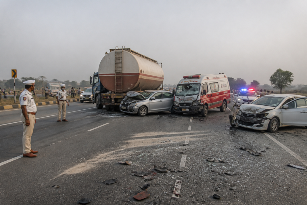 Nalgonda highway accident scene with an oil tanker and ambulance on a highway