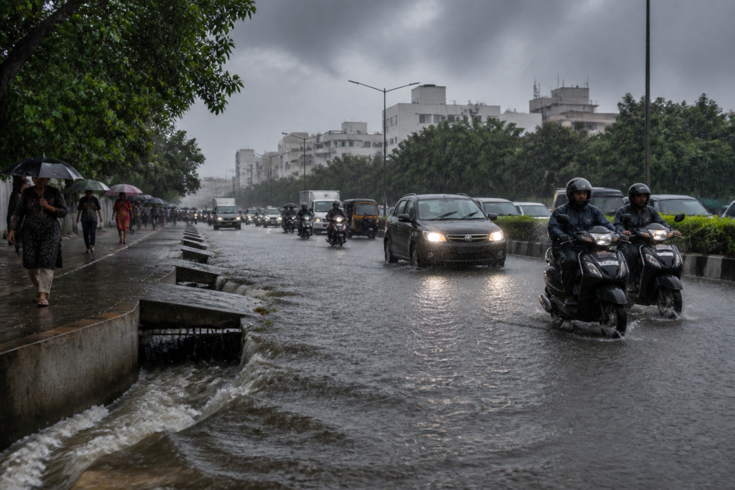 Tamil Nadu heavy rain alert shown through rain-soaked roads and dark monsoon clouds in Coimbatore