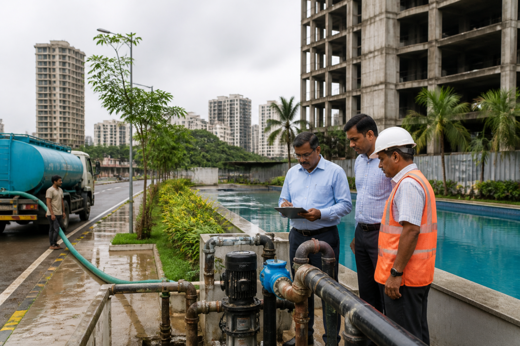Navi Mumbai water supply monitoring near a construction site and swimming pool