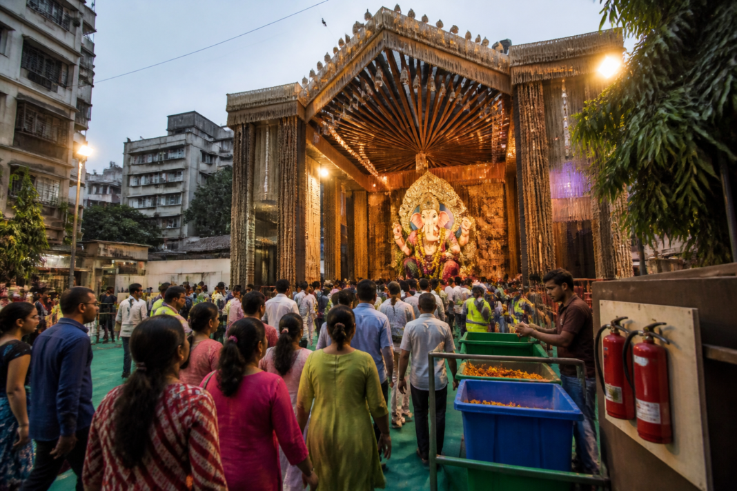Mumbai Ganeshotsav 2026 pandal with devotees and civic safety preparations