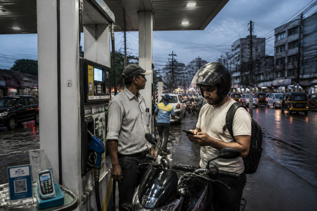 Mumbai petrol pump displaying UPI payment facilities beside fuel dispensers