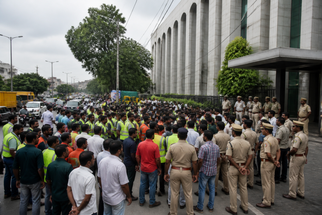 GHMC sanitation workers protest outside the civic body’s headquarters in Hyderabad