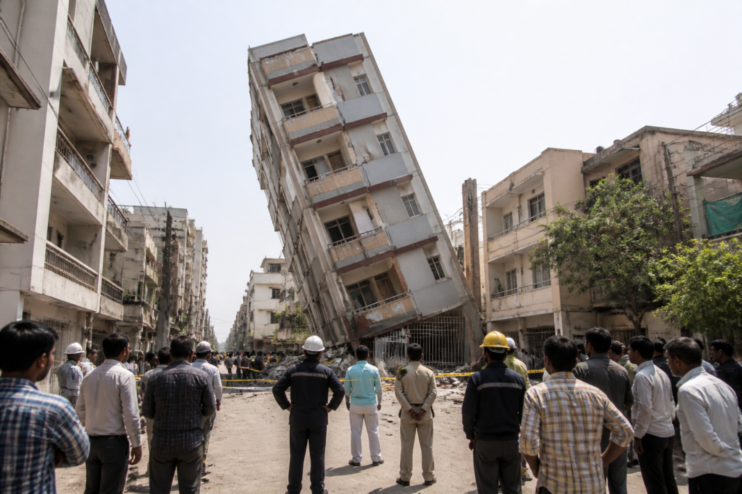 Gopanpally building tilt in Hyderabad after residents were evacuated from the four-storey structure.