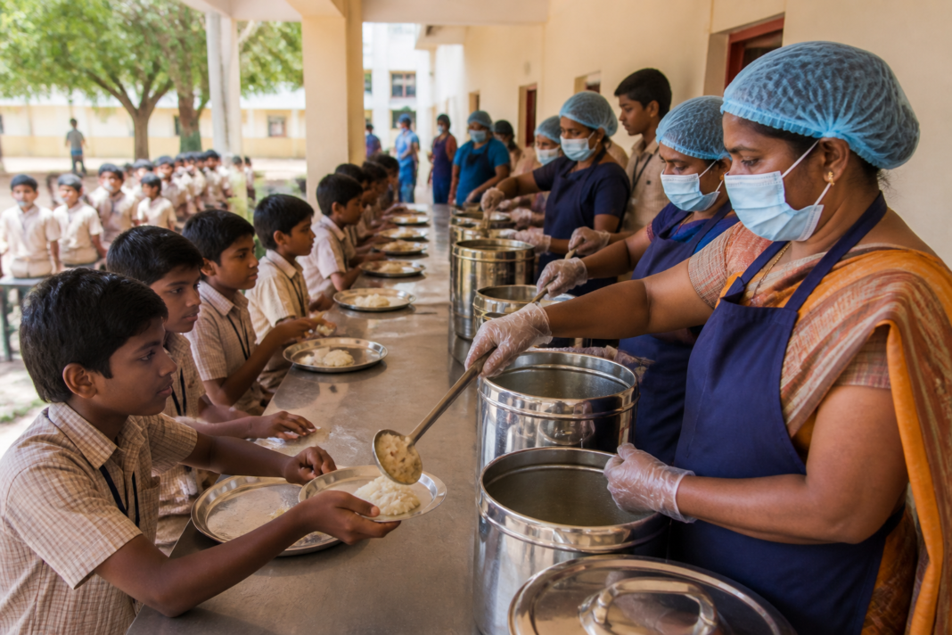 Students receiving meals under Tamil Nadu’s Kamarajar breakfast scheme at a government school.