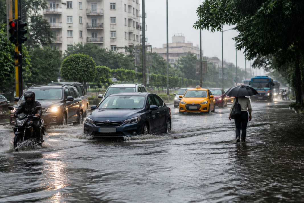 Kolkata rain falling on a waterlogged urban road during a cloudy monsoon spell.