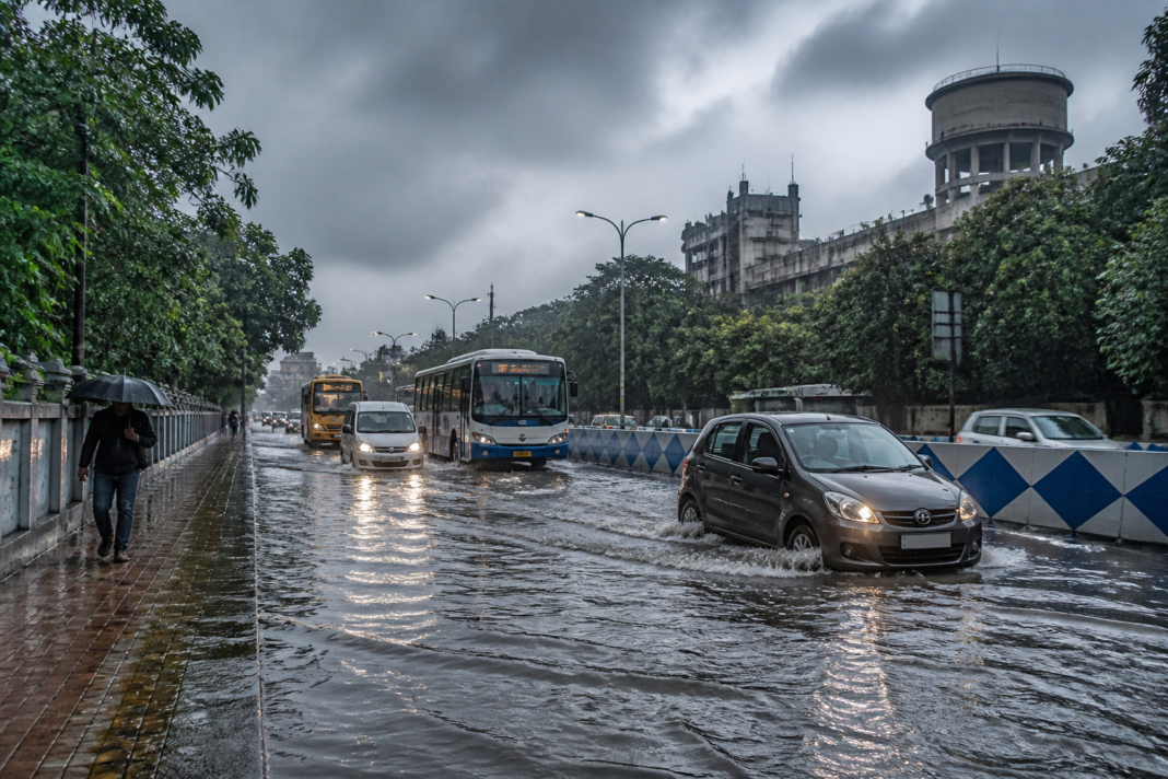 Kolkata rain falling on a waterlogged urban road with traffic moving through puddles.