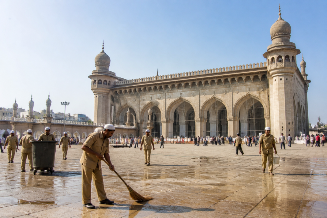 Mecca Masjid in Hyderabad, where employees are seeking service regularisation.