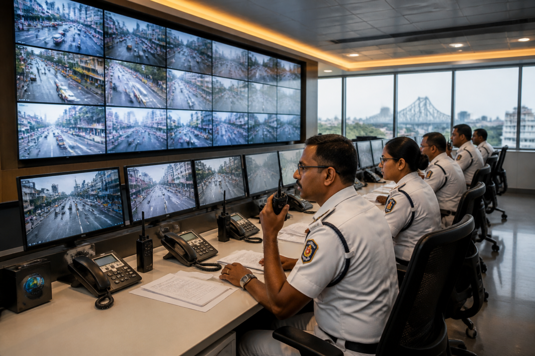 Kolkata traffic control room monitoring urban roads and congestion before Puja