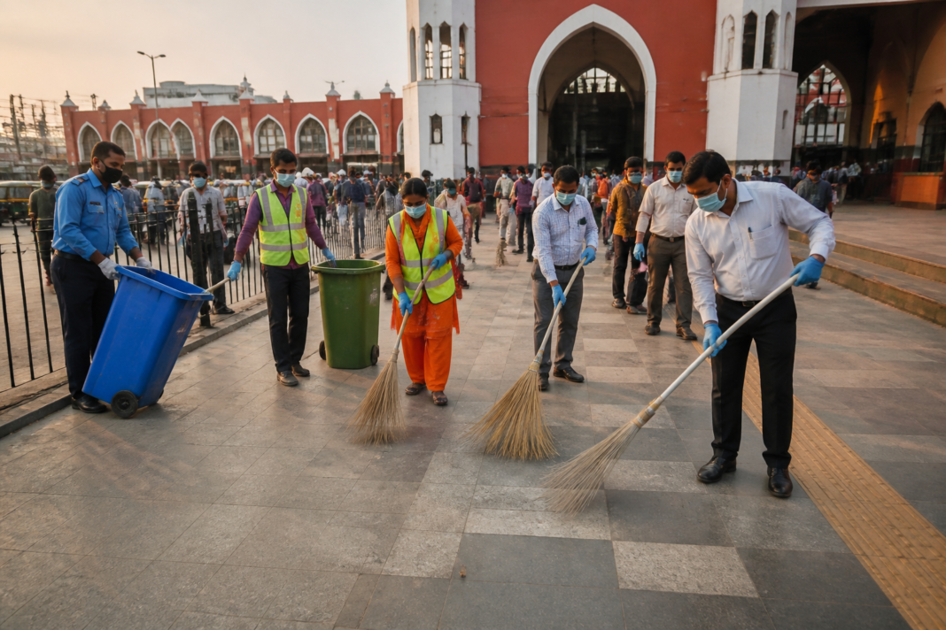 Delhi railway stations cleanliness drive at New Delhi station with officials cleaning the Ajmeri Gate area.