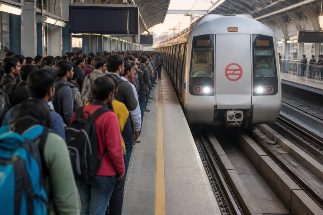Delhi Metro trains and crowded passengers during a surge in Delhi Metro ridership