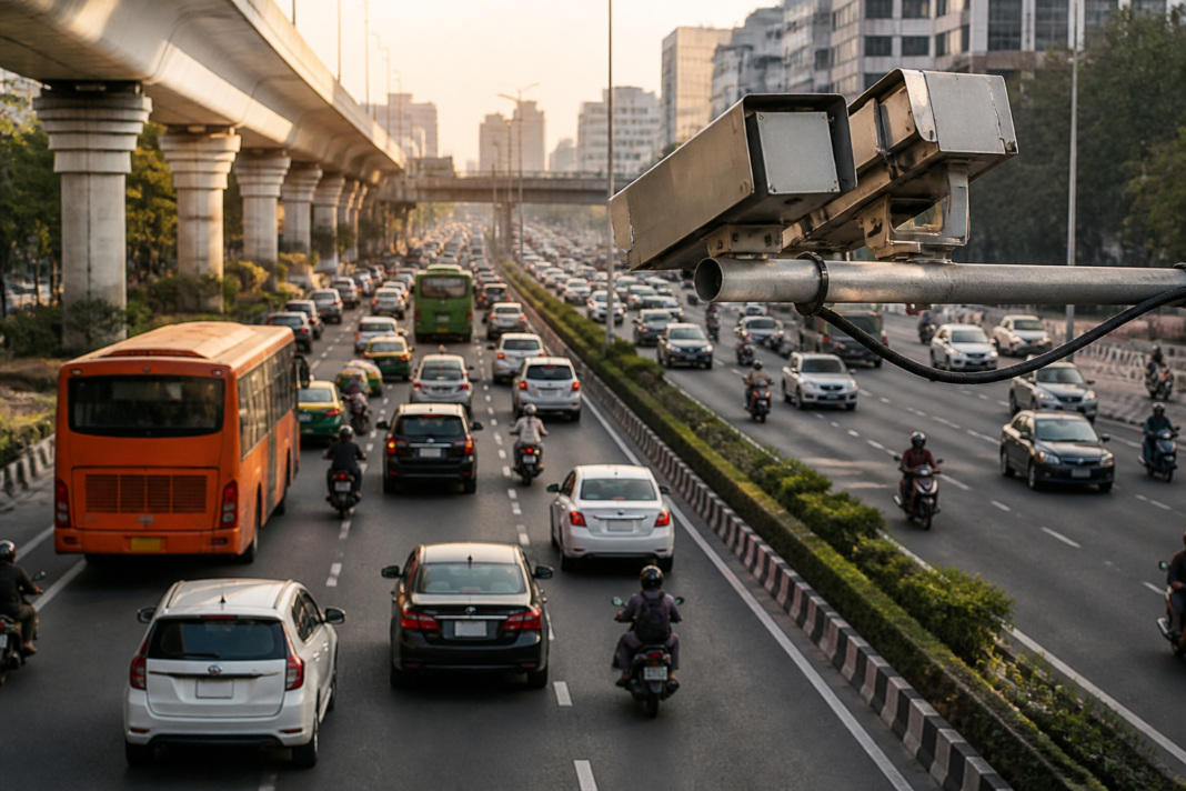 Delhi traffic challan enforcement camera monitoring vehicles on an urban road