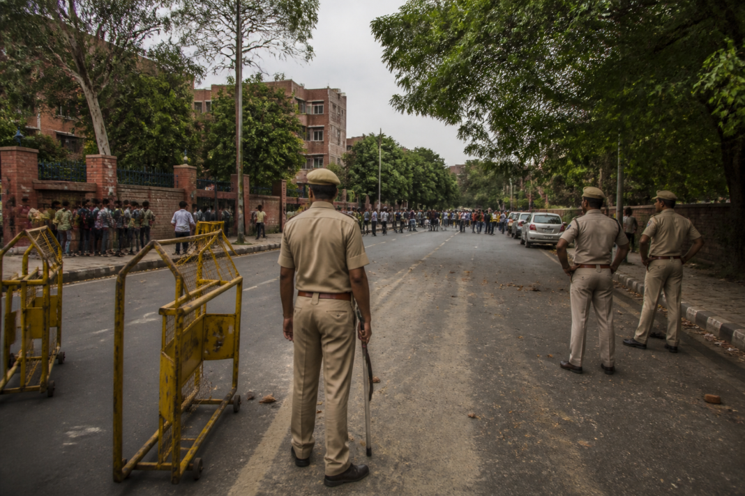 Delhi University election violence and police presence near North Campus