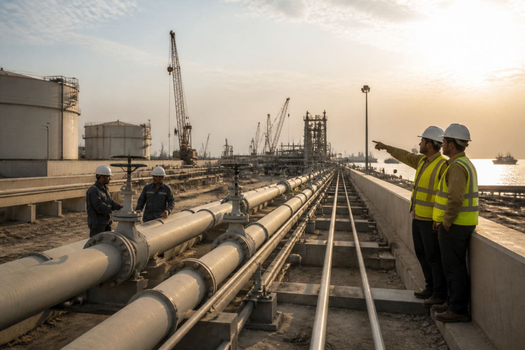West Asia infrastructure including oil pipelines and a marine terminal under rebuilding plans