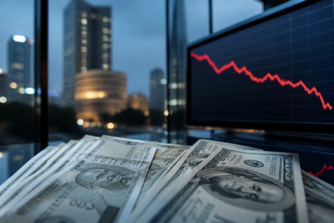 India forex reserves and the rupee shown through an RBI currency market scene with dollar notes and financial screens.