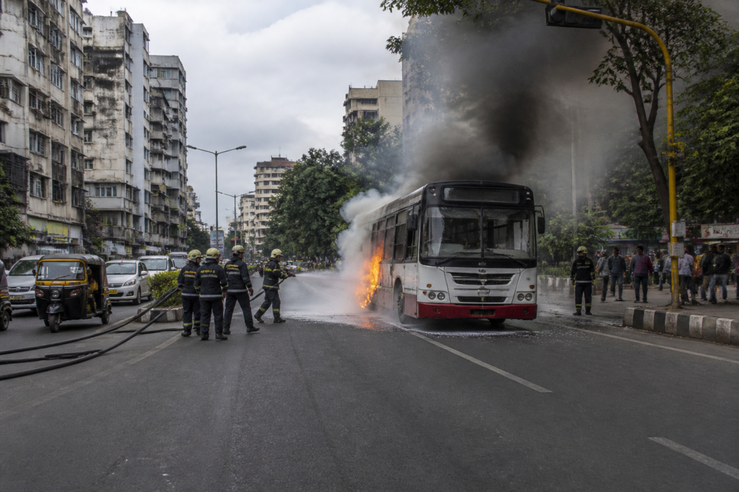 Pune PMPML bus fire being controlled by firefighters in Shivajinagar
