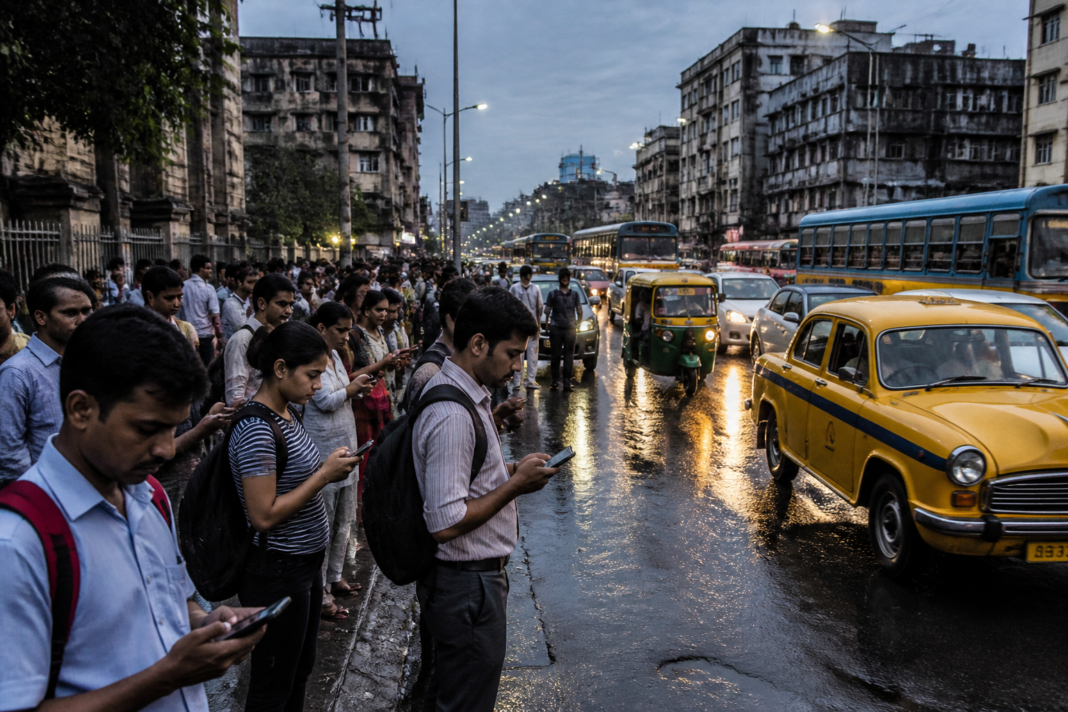 Kolkata app-cab fares rising as commuters wait for rides on a rain-affected city road.