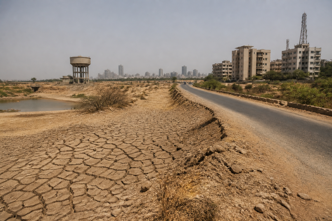 India climate extremes study visual showing a heat-stressed urban region and dry landscape