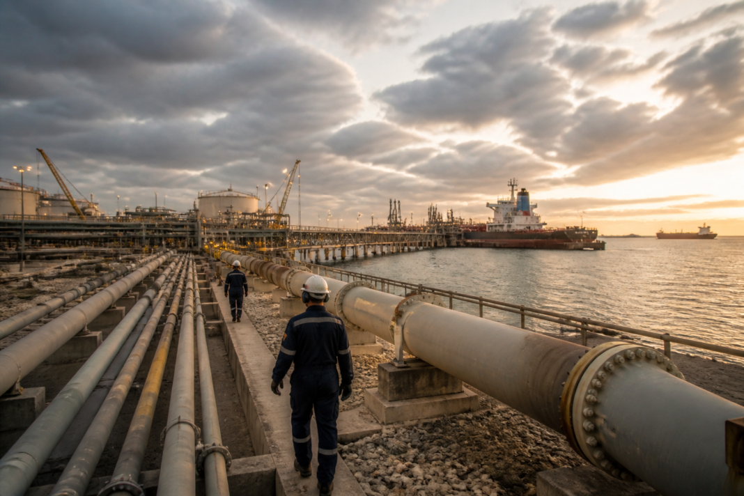 West Asia oil infrastructure with pipelines and a Gulf energy terminal near a port