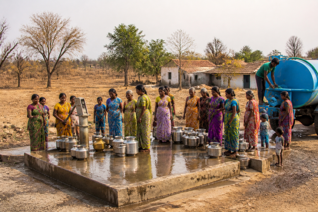 Sira drinking water crisis represented by a rural borewell and water collection point in Karnataka