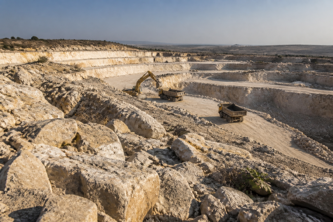 ACC limestone mining site near Kalaburagi with open-cast quarry benches and industrial trucks.