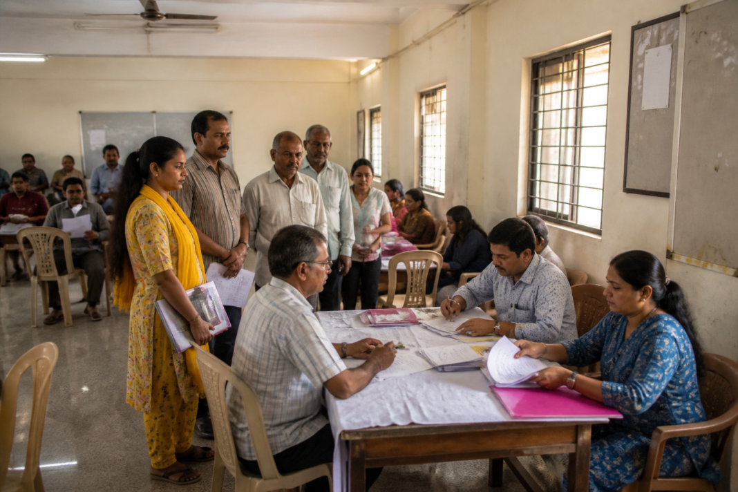Bengaluru SIR hearings at a voter verification centre with residents waiting for document checks