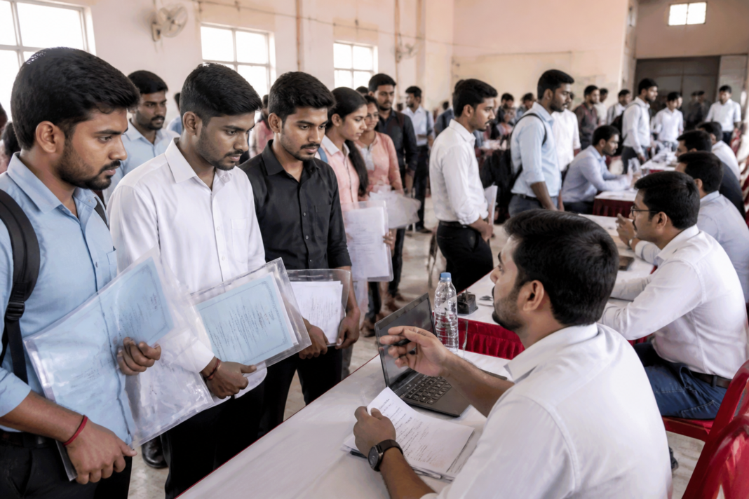 Kodad job mela connecting rural Telangana youth with employers at a recruitment event